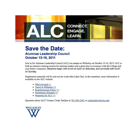 Wellesley Alumnae Leadership Council broadcast email